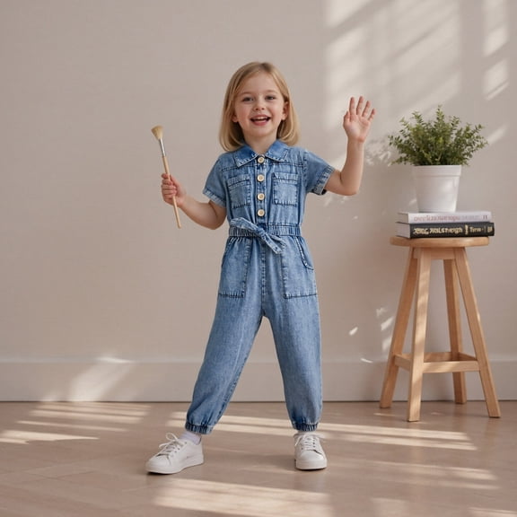 MEZZALL Stylish Girls Denim Romper Jumpsuit With Collar Short Sleeve Casual Playwear Onesie Toddler Kids Comfortable Everyday Wear Comfort O-Neck Spring Child One-Pieces
