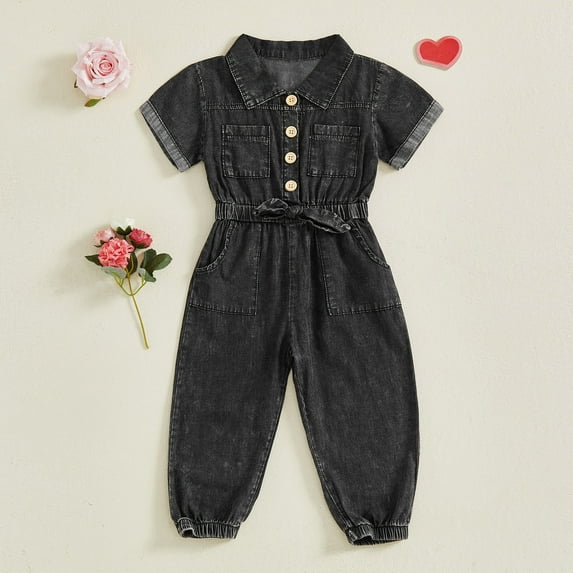 MEZZALL Stylish Girls Denim Romper Jumpsuit With Collar Short Sleeve Casual Playwear Onesie Toddler Kids Comfortable Everyday Wear Cute O-Neck Spring Child One-Pieces