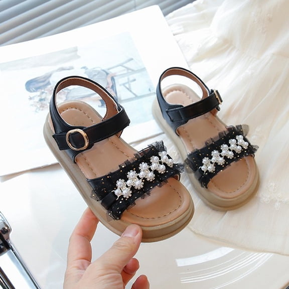 MEZZALL Summer 2026 Pearl Water Sandals Girls Cute Soft Bottom Children Baby Stylish Adorable Casual Kids Princess Shoes Solid Color Beach Sweet Retro Toddler Footwear