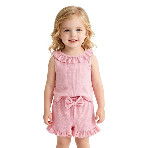 MEZZALL Summer Baby Girls Sleeveless O-Neck Tops And Frill Edge Shorts Lightweight Toddler Outfit For Warm Weather Cute Bow Adornments And Solid Color Ensemble Comfort Clothes Sets