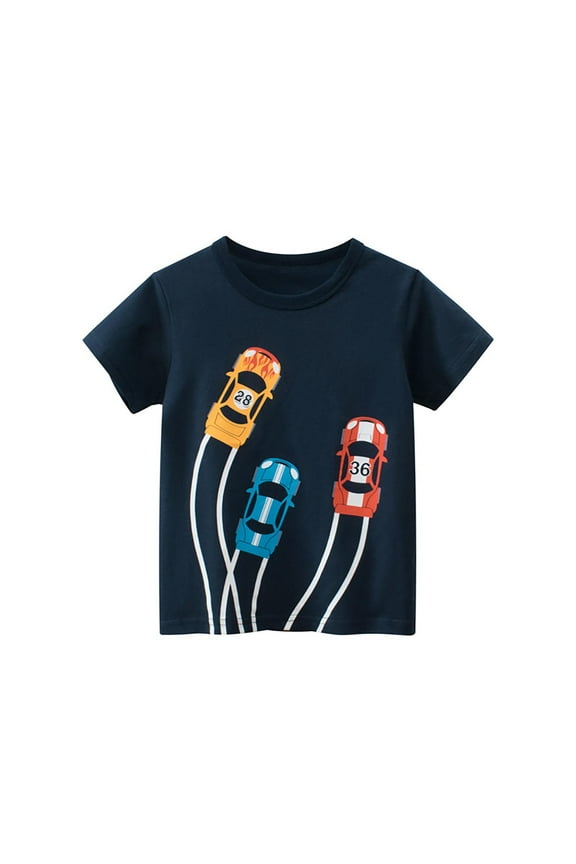 Summer Boys Children's Clothing Dark Blue Short Sleeved T-Shirt With Car Print Pattern 3-4 Years Stylish Baby Wear