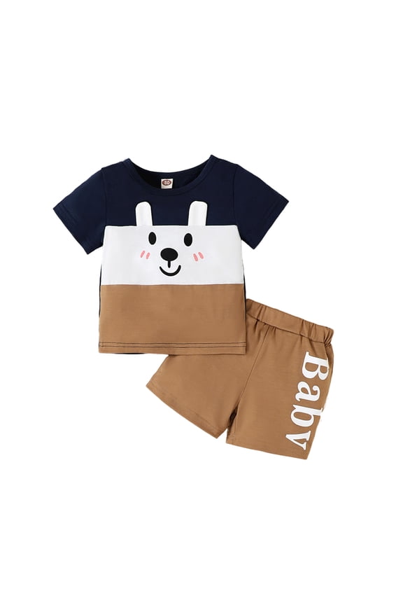 Summer Children Sunshine Handsome Fashion Splicing Simple Cartoon Suit Short Sleeved Two Piece Outfits Sets Cute, 3-4 Years