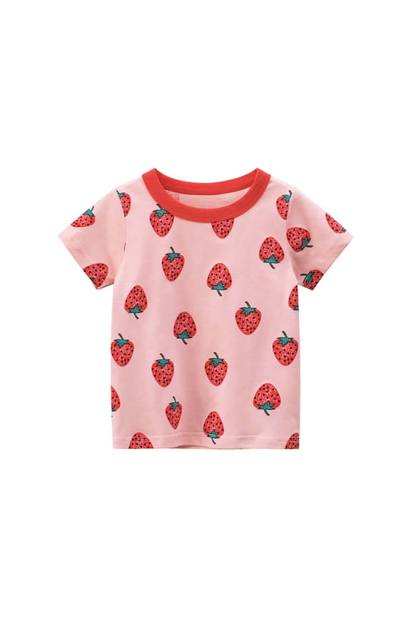 Summer Girls Cotton Printed Short Sleeved T-Shirt With Strawberry Cartoon Pattern All Over Breathable Toddler Wear
