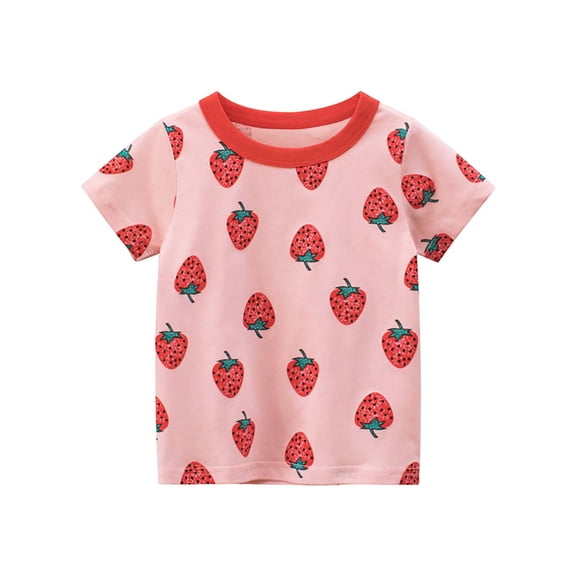 MEZZALL Summer Girls Cotton Printed Short Sleeved T-Shirt With Strawberry Cartoon Pattern All Over Relaxed Fit Toddler Wear