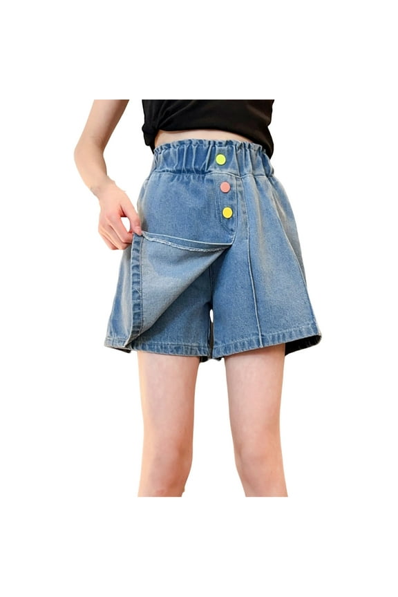 Summer Girls Fashion Colorful Button Stretchable Pants Tops Denim Skirt Pants Middle Size High Waist Shorts Breathable Toddler Dailywear, Blue, 120
