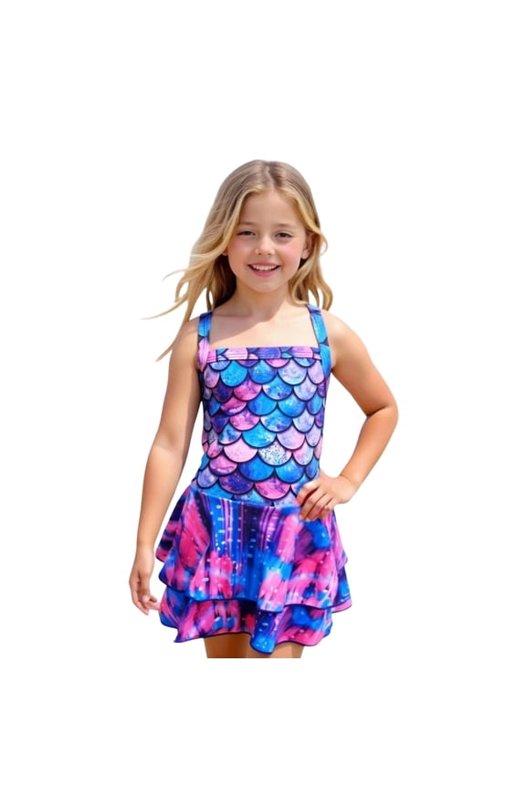 Summer Girls Fish Scale Swimsuit Two Layer Ruffle Skirt Design Sun Bathing Suit For Toddler Kids Bohemian With Cartoon / Flower Print Beachwear