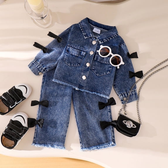 MEZZALL Summer Girls Long Sleeve Denim Jacket Long Pants Outfit With Bow Design Stylish Clothes Sets