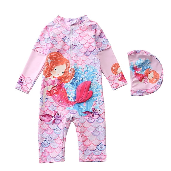 MEZZALL Summer Girls Swimsuit Long Sleeve Bathing Suit With Hood Sun Rash Guard For Kids Beach Pool Tropical With Cartoon / Flower Print Beachwear