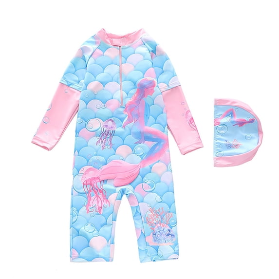 MEZZALL Summer Girls Swimsuit Long Sleeve Bathing Suit With Hood Sun Rash Guard For Kids Beach Pool Vacation With Cartoon / Flower Print Beachwear