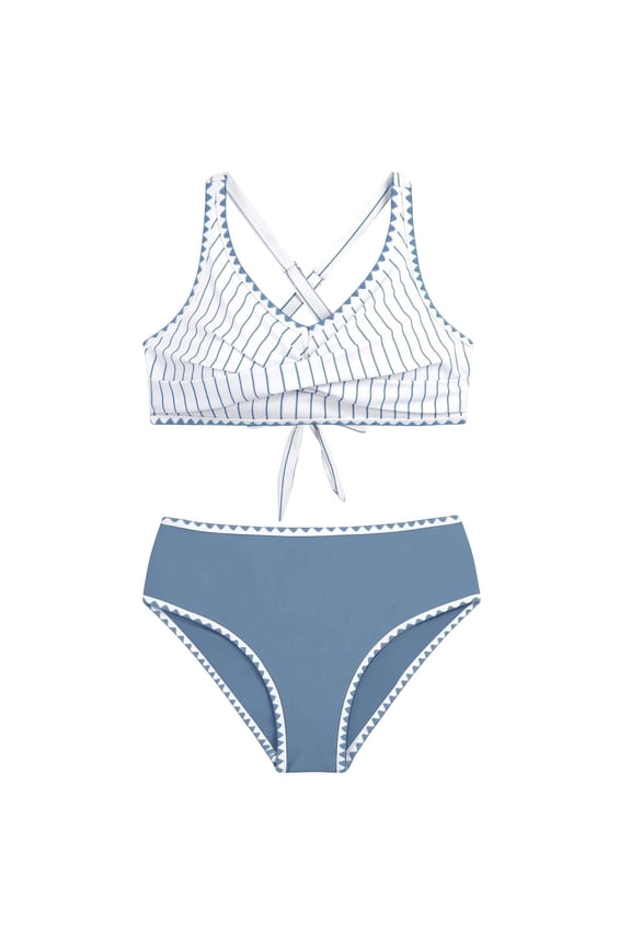 Summer Girls Swimsuit Teen Crisscross Tie Back Floral Bikini Sets Two Piece Bathing Suit Kids Swimwear Size Boho With Cartoon / Flower Print Beachwear