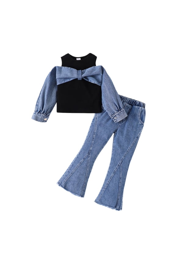 Summer Girls Two Piece Outfit Bow Detail Off Shoulder Tops With Flared Denim Pants Casual Toddler And Little Kid Play Comfort Children Fashion Clothes Sets