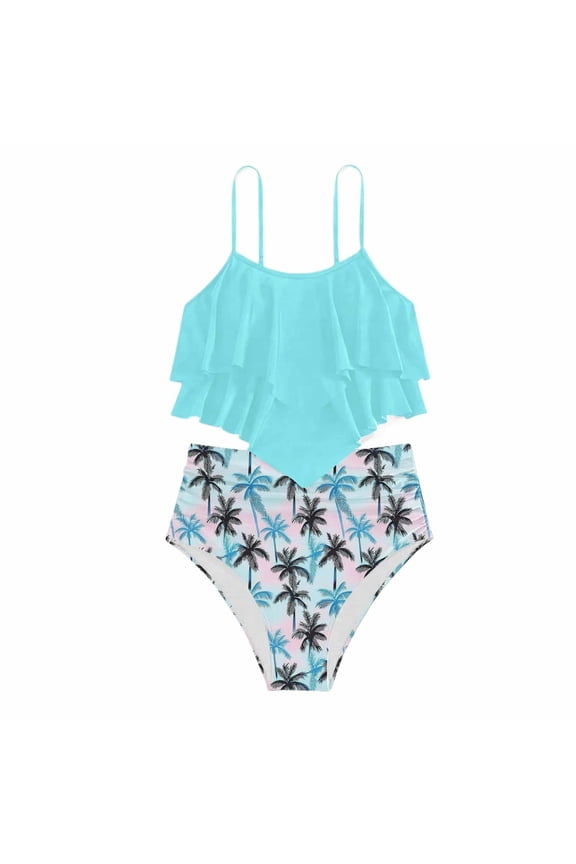 Summer Girls Two Piece Swimsuits Swim Tops With Shorts Fashion Bikini Ruffle Back Tankini For Teen Youth Pure Color Swimwear Beach Vacation Beachwear