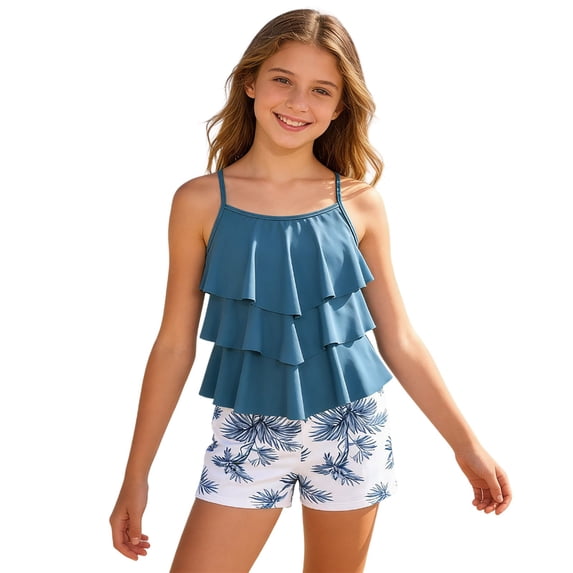 MEZZALL Summer Girls Two Piece Swimwear Swim Tops With Shorts With Ruffle Layered Tops And Adjustable Drawstring Shorts For Beach Pool Party Pool Beachwear