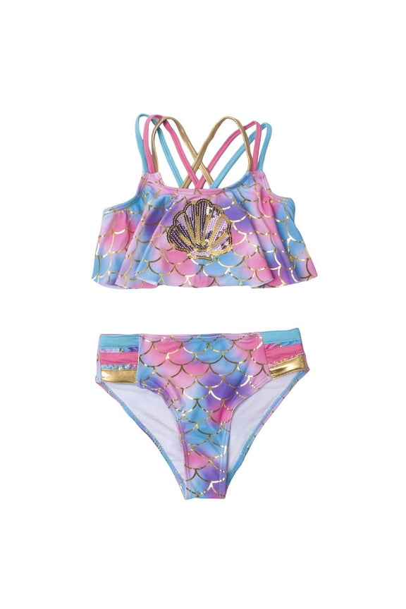 Summer Gradient Bikini Swimsuit Vacation Hawaii Beachwear Set For Girls Sequins And Print Kids Swimwear., Pink, 6-7 Years