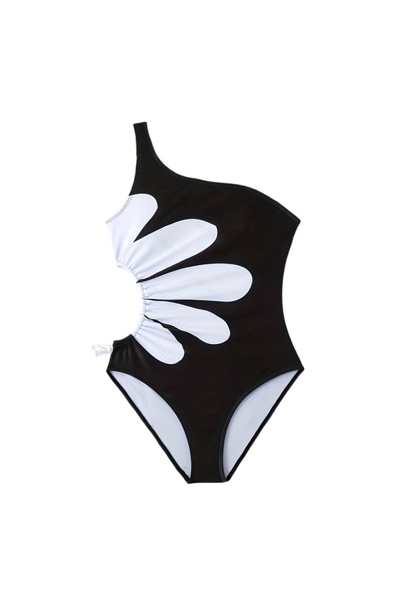 Summer High Elasticity Girls One Shoulder Swimsuit Floral Design Solid Color Bathing Suit For Big Kids And Teens Pool Beachwear