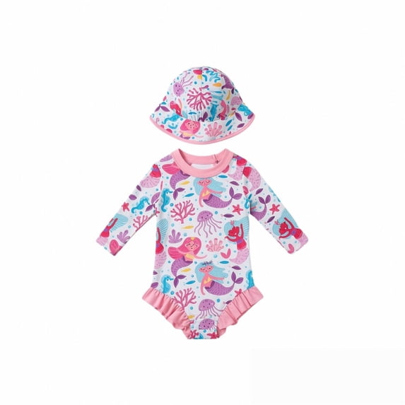 MEZZALL Summer Long Sleeve Snap Button Swimsuit With Matching Sun Hat For Baby Girls Rash Guard Swimwear For Pool Beach Water Play Resort Beachwear