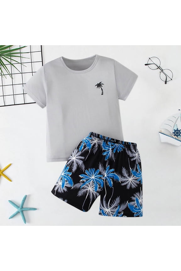 Summer Outfit Sets Boys Coconut Print Short Sleeve Shirt And Shorts Kids O-Neck Holiday Daily Clothing Sets