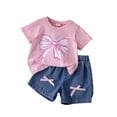 thumbnail image 1 of MEZZALL Summer Toddler Girls Short Sleeve Bowknot Prints T-Shirt Tops Denim Shorts Outfits Cozy Baby Wear, 1 of 7