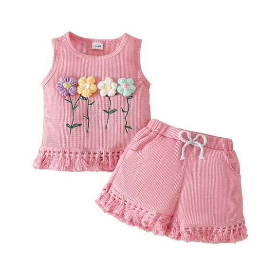 MEZZALL Summer Toddler Girls Sleeveless Floral Vest T-Shirt Tops Tassels Shorts Outfits 6-9 Months Soft Baby Wear