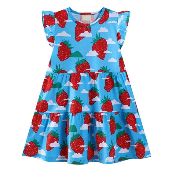 MEZZALL Summer Western Style Short Sleeved Small Floral Shawl Princess Style Girls Dress Sundress, Blue, 4-5 Years