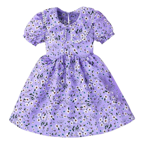 MEZZALL Summer Western Style Short Sleeved Small Floral Shawl Princess Style Girls Dress Sundress, Purple, 5-6 Years