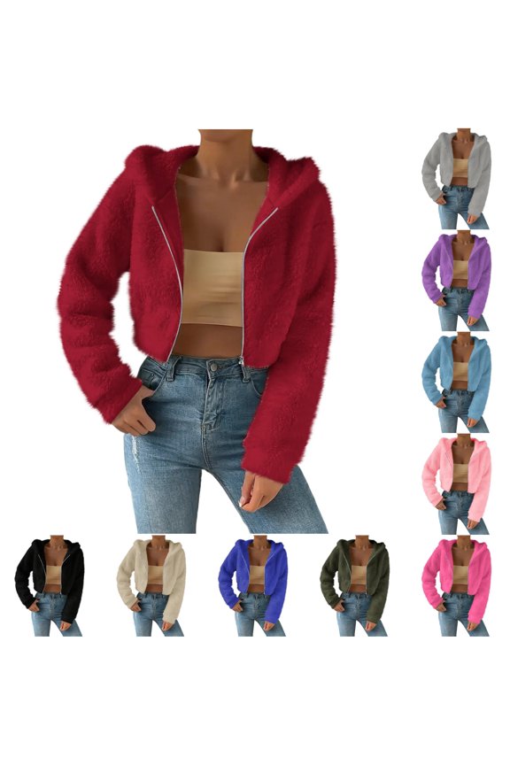 Sweatshirts For Women Solid Color Long Sleeve Hoodies Fuzzy Cropped Jacket Zip Up Fall Fashion Soft Basic Daily Outdoor Relaxed Fit Travel Tops