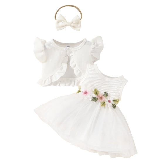 MEZZALL Sweet Newborn Girl Sleeveless Short Coat + Sleeveless Floral Mesh Dress + Headband 3 Piece Set Stylish, 3-6 Months
