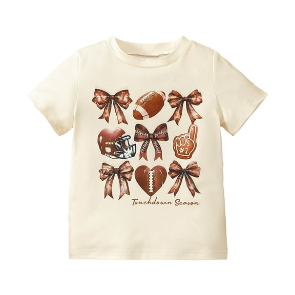 MEZZALL T Shirts For Girls Game Day Short Sleeve Shirt Toddler Football Season Kids Bow Couette Tops Comfort, 6-7 Years
