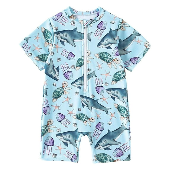 MEZZALL Toddler Baby Boy Swimsuit Vacation Hawaii Beachwear Monokini Swimwear Shrk Short Sleeve Zipper Rash Guard Bathing Suit, Sky Blue, 12-18 Months