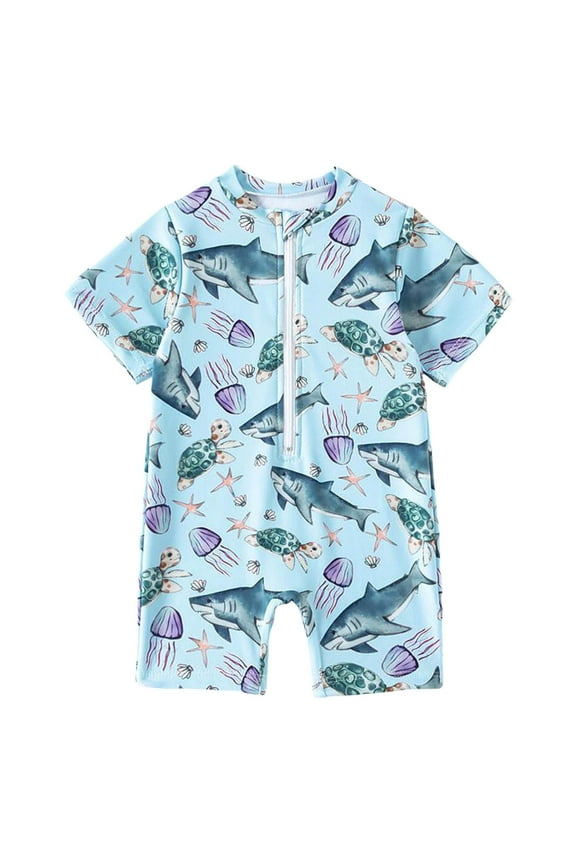 Toddler Baby Boy Swimsuit Vacation Hawaii Beachwear Monokini Swimwear Shrk Short Sleeve Zipper Rash Guard Bathing Suit, Sky Blue, 18-24 Months