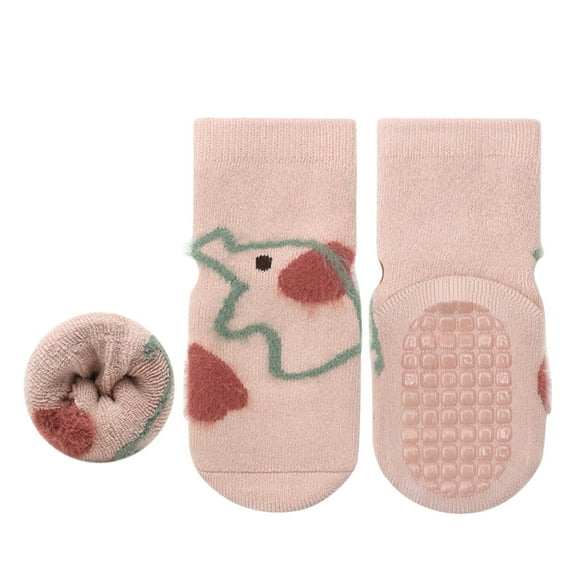 MEZZALL Toddler Baby Boys Girls Cartoon Non- Crew Socks With Grip Botttom Cotton Thick Winter Warm Slipper Socks Cute Footwear, Pink, 0-12 Months