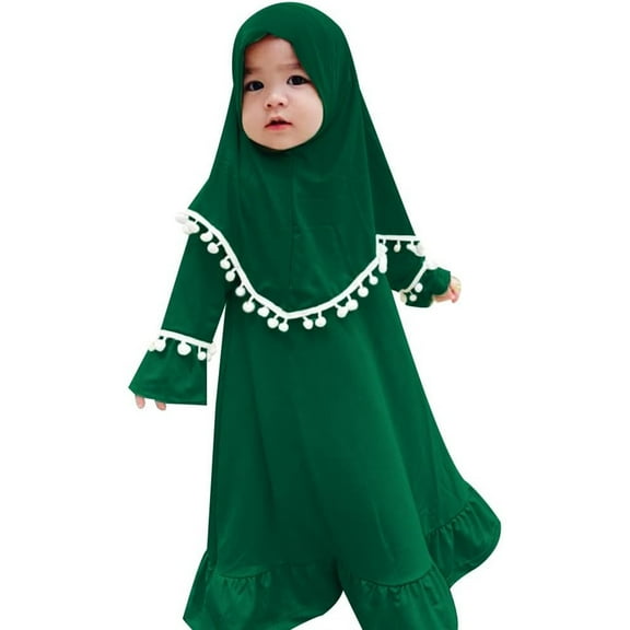 MEZZALL Toddler Baby Girl Abaya Dress with Hijab Long Sleeve Smocked Dress Dubai Full Cover Modest Dress