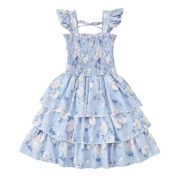 MEZZALL Toddler & Baby Girls Sweet Floral Print Dress Sundress With Smocked Bodice Summer Princess Party Dress, Blue, 5-6 Years