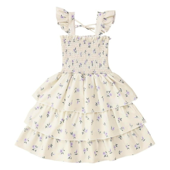 MEZZALL Toddler & Baby Girls Sweet Floral Print Dress Sundress With Smocked Bodice Summer Princess Party Dress, Khaki, 5-6 Years