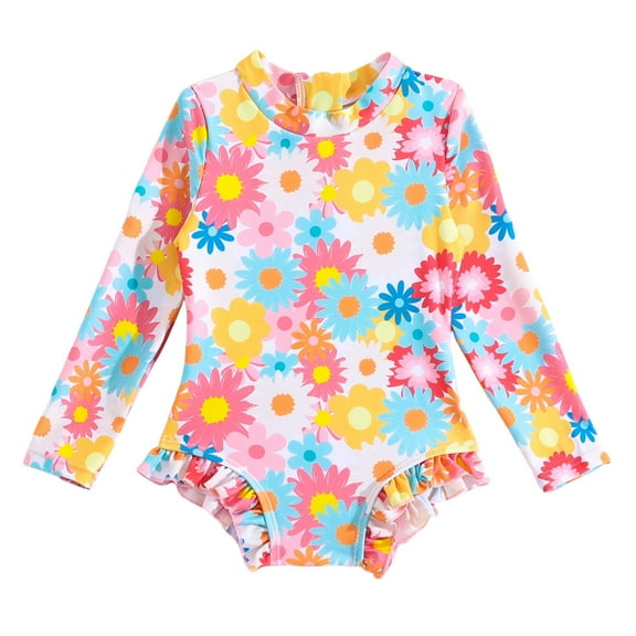 MEZZALL Toddler Baby Girls Swimwear Monokini Back Zipper Bathing Suits Long Sleeve Ruffle Girl Full Cover Flower Print Cozy Beachwear, 0-6 Months