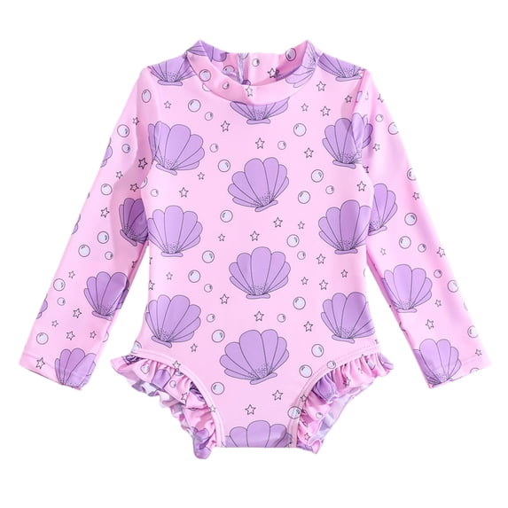 MEZZALL Toddler Baby Girls Swimwear Monokini Back Zipper Bathing Suits Long Sleeve Ruffle Girl Full Cover Flower Print Stylish Beachwear, 0-6 Months