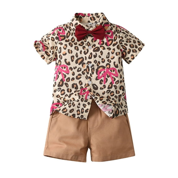 MEZZALL Toddler Boys Girls Short Sleeve Prints T-Shirt Tshirts Tee Tops Shorts Gentleman Outfits, Beige, 5-6 Years