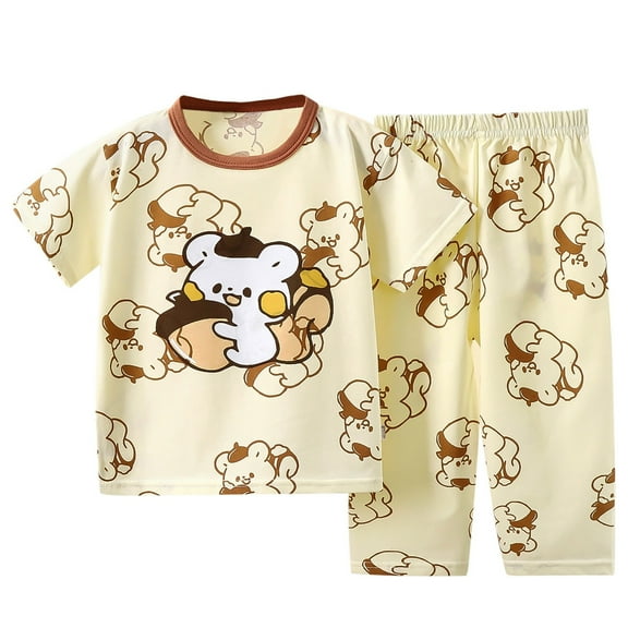 MEZZALL Toddler Boys Girls Summer Cartoon Printed Short Sleeved Tops And Pants 2PC Children Suit, Beige, 12-18 Months