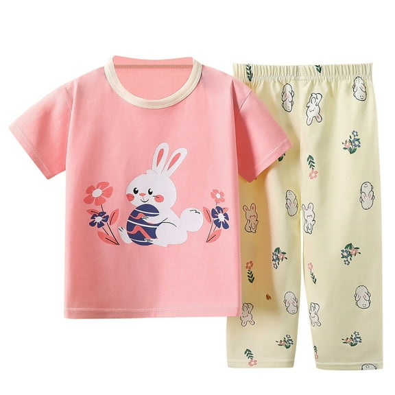 MEZZALL Toddler Boys Girls Summer Cartoon Printed Short Sleeved Tops And Pants 2PC Children Suit, Pink, 12-18 Months