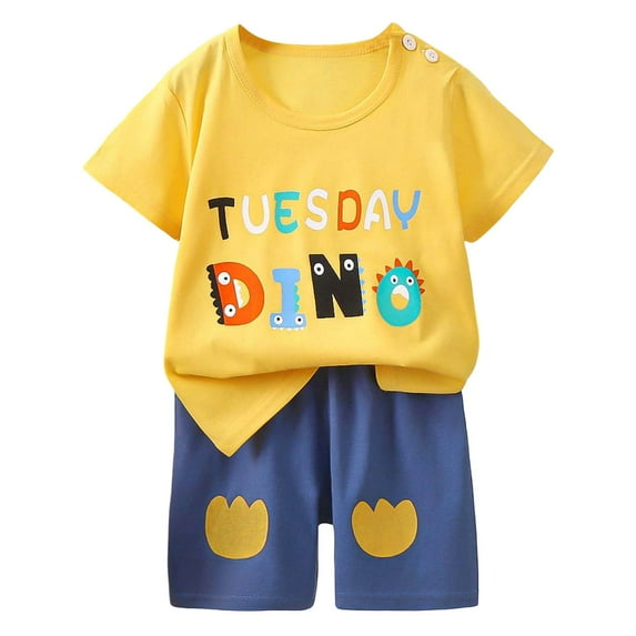 MEZZALL Toddler Boys Girls Summer Cartoon Printed Short Sleeved Tops And Shorts 2PC Children Outfits Suits, Yellow, 6-12 Months