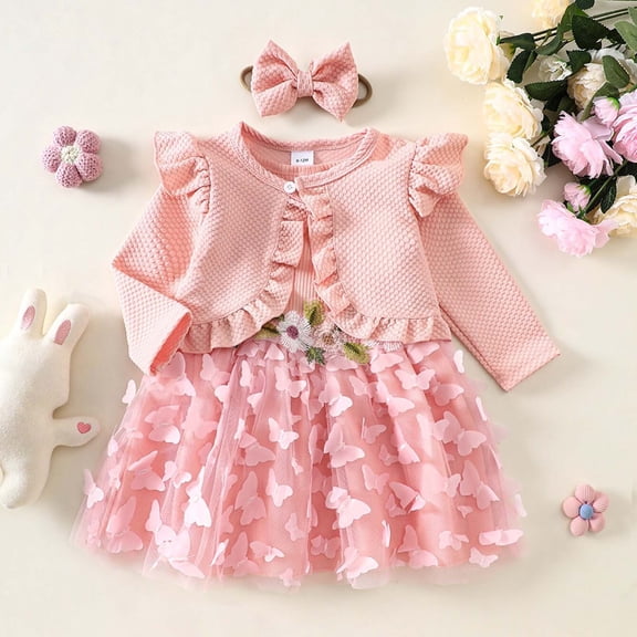 MEZZALL Toddler Girl Floral Mesh Dress With Detachable Bow Headband And Matching Long Sleeve Jacket Fall Seasonal Outfits Adorable Clothing Sets