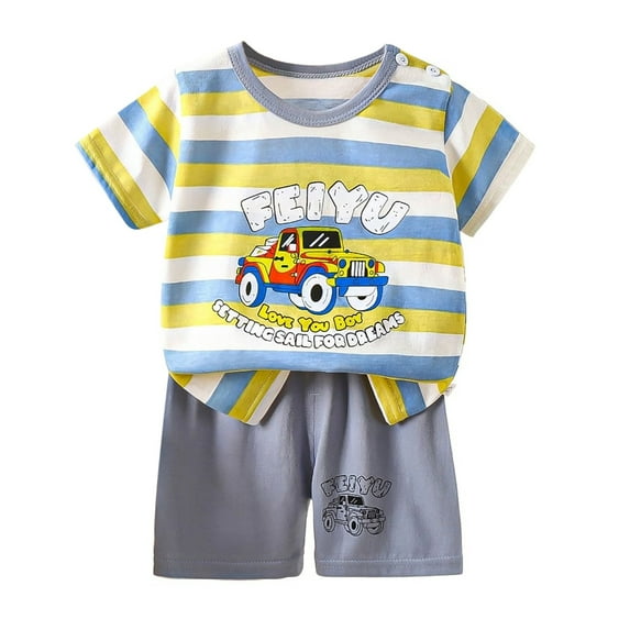 MEZZALL Toddler Girls Boys Summer Short Sleeve Cartoon Prints Tops Shorts 2PCS Outfits Clothes Sets For Children 6-12 Months Leisure Baby Wear