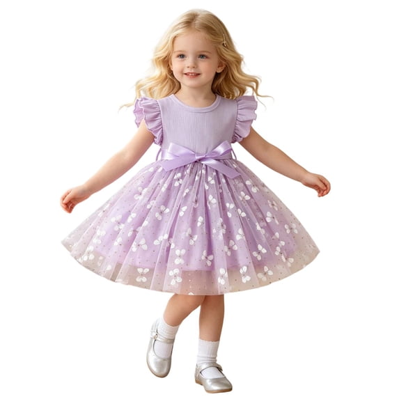 MEZZALL Toddler Girls Fly Sleeve Holiday Dress Dance Party Ribbed Dresses Clothes O-Neck Adorable Sundress