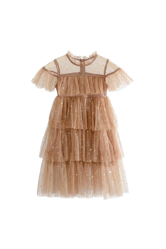 Toddler Girls Fly Sleeve Star Moon Sequin Dress Dance Party Ruffles Dresses Birthday Kids Crew Neck Solid Color Child Sundress