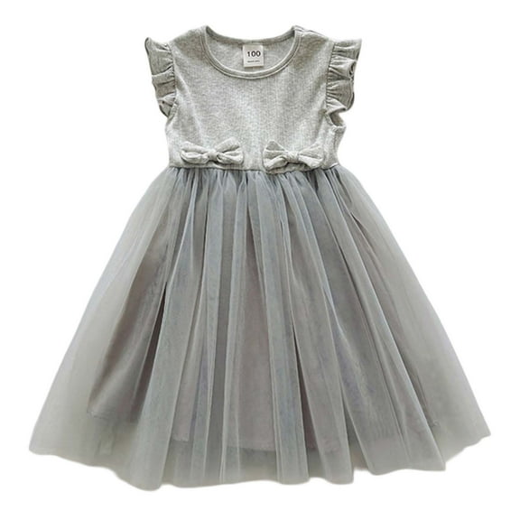 MEZZALL Toddler Girls Fly Sleeves Colorful Flower Prints Embroidery Bowknot Dress Dance Party Dresses Clothes 5-6 Years Cozy Kids Sundress