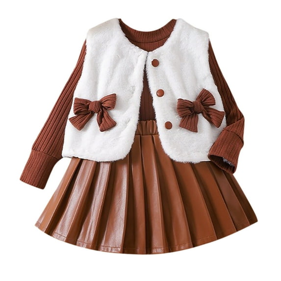 MEZZALL Toddler Girls Long Sleeve Sweater And Brushed Vest Tops And Pleated Skirt Outfits Leisure Knitwear, Brown, 6-7 Years