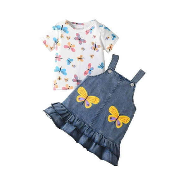 MEZZALL Toddler Girls Short Sleeve Cartoon Prints Tops T-Shirt Ruffles Denim Spaghettis Skirts Outfits Classic Baby Wear