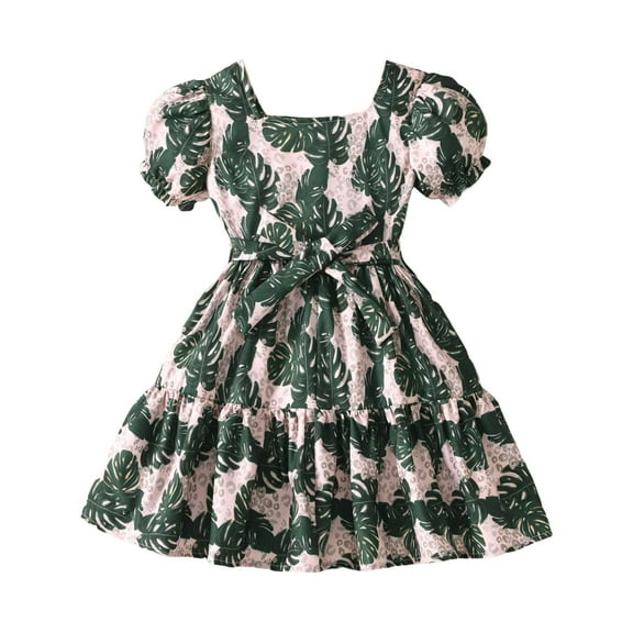 MEZZALL Toddler Girls Short Sleeve Floral Prints Holiday Dress Dance Party Sundress, Green, 5-6 Years