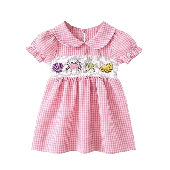MEZZALL Toddler Girls Short Sleeve Plaid Cartoon Embroider Dress Casual Dresses Adorable Sundress