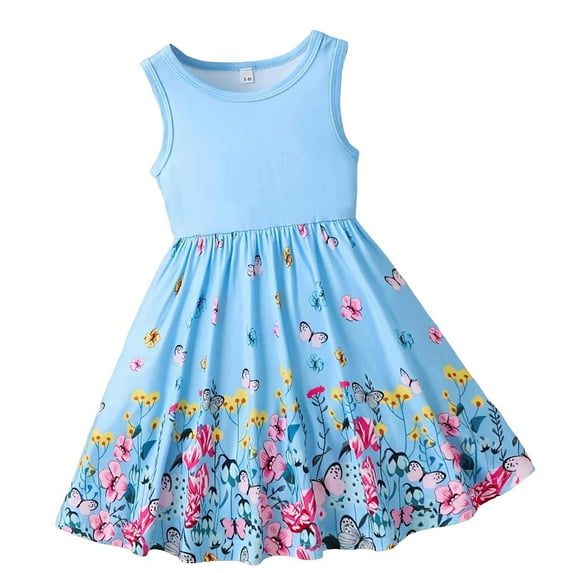 MEZZALL Toddler Girls Sleeveless Buterfly Floral Dress Sundress Summer Casual Princess Style With Smocked Waist, Sky Blue, 5-6 Years